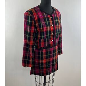 VINTAGE Francine Browner Set Plaid Tweed Crop Blazer A-Line Skirt M 5/6 CLUELESS
